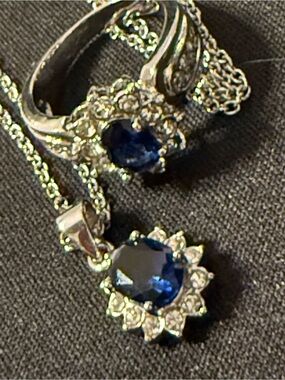 Genuine Sapphire & Diamond Halo Necklace Ring Set Princess Diana